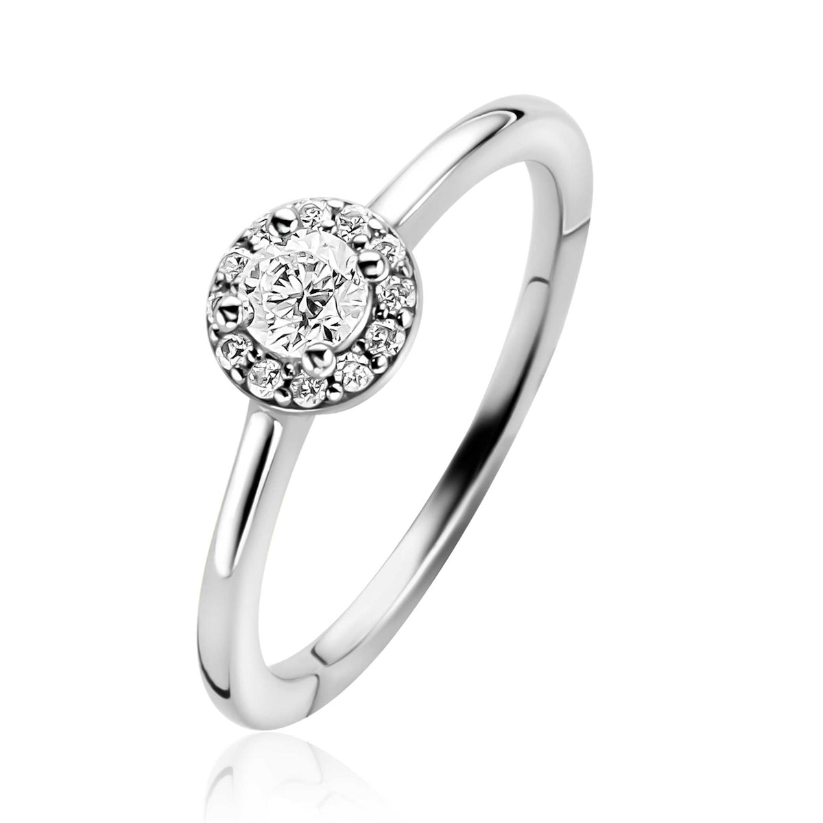 Anello in argento con pietra centrale rotonda e zirconi scintillanti.