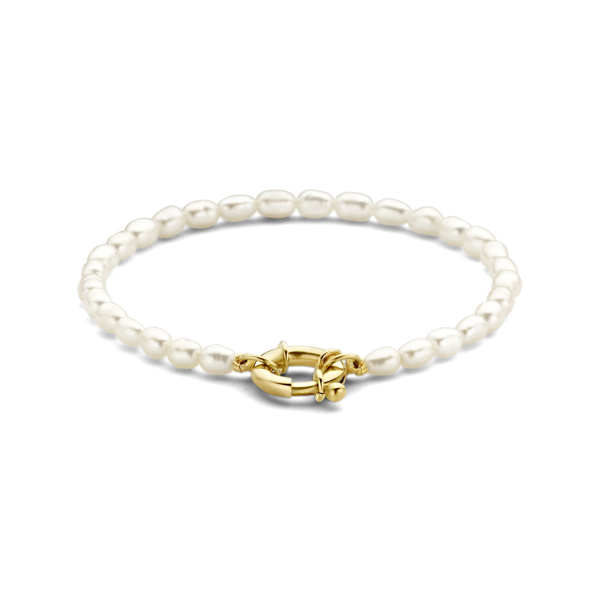 Bracciale di perle con chiusura a molla grande in oro giallo 14K, lungo 18,5 cm.
