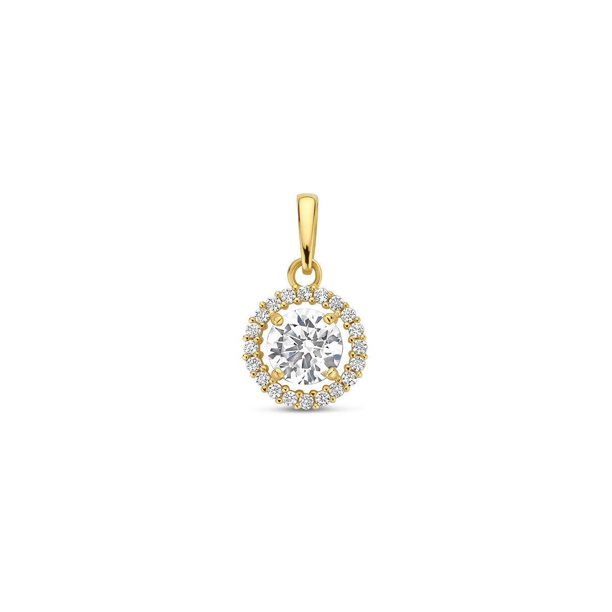 Ciondolo in oro giallo 9k con zirconi, forma rotonda con pietra centrale circondata da zirconi.