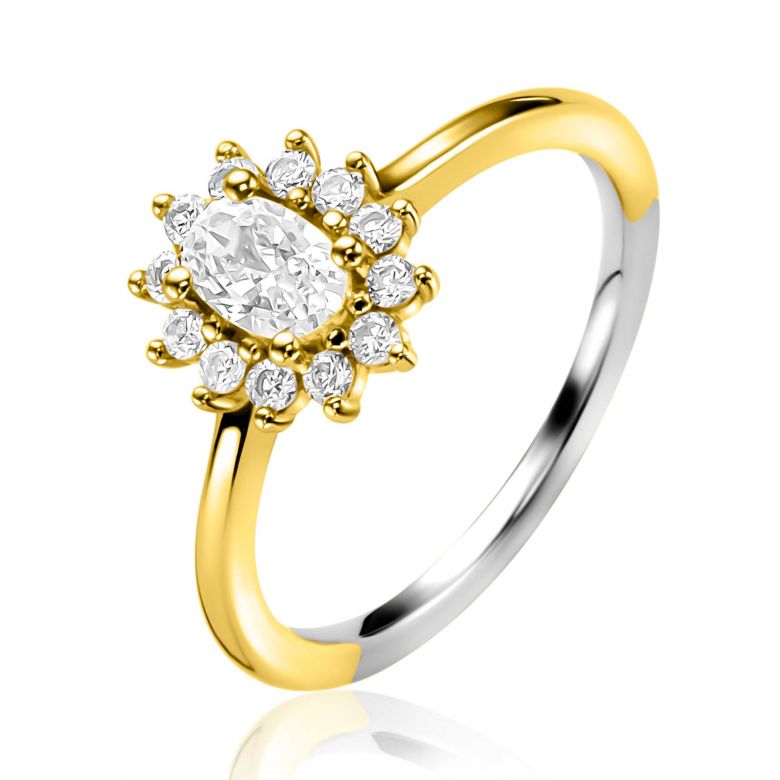 Anello placcato oro con pietra centrale ovale e zirconi circondati.