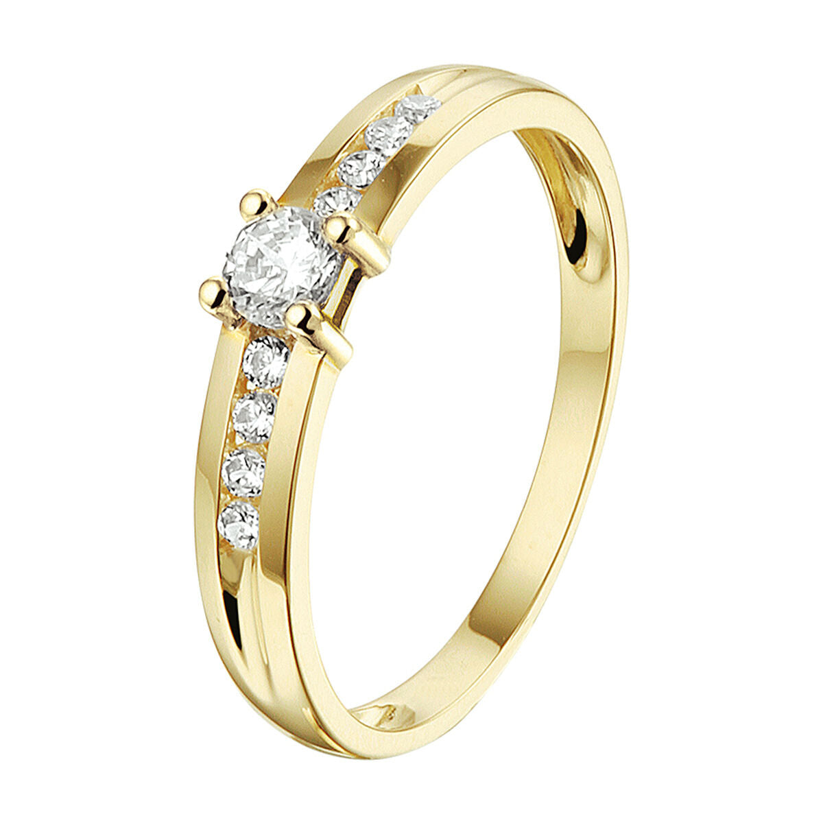 Anello in oro giallo 14K con zirconi, design semplice con pietra centrale e dettagli laterali.
