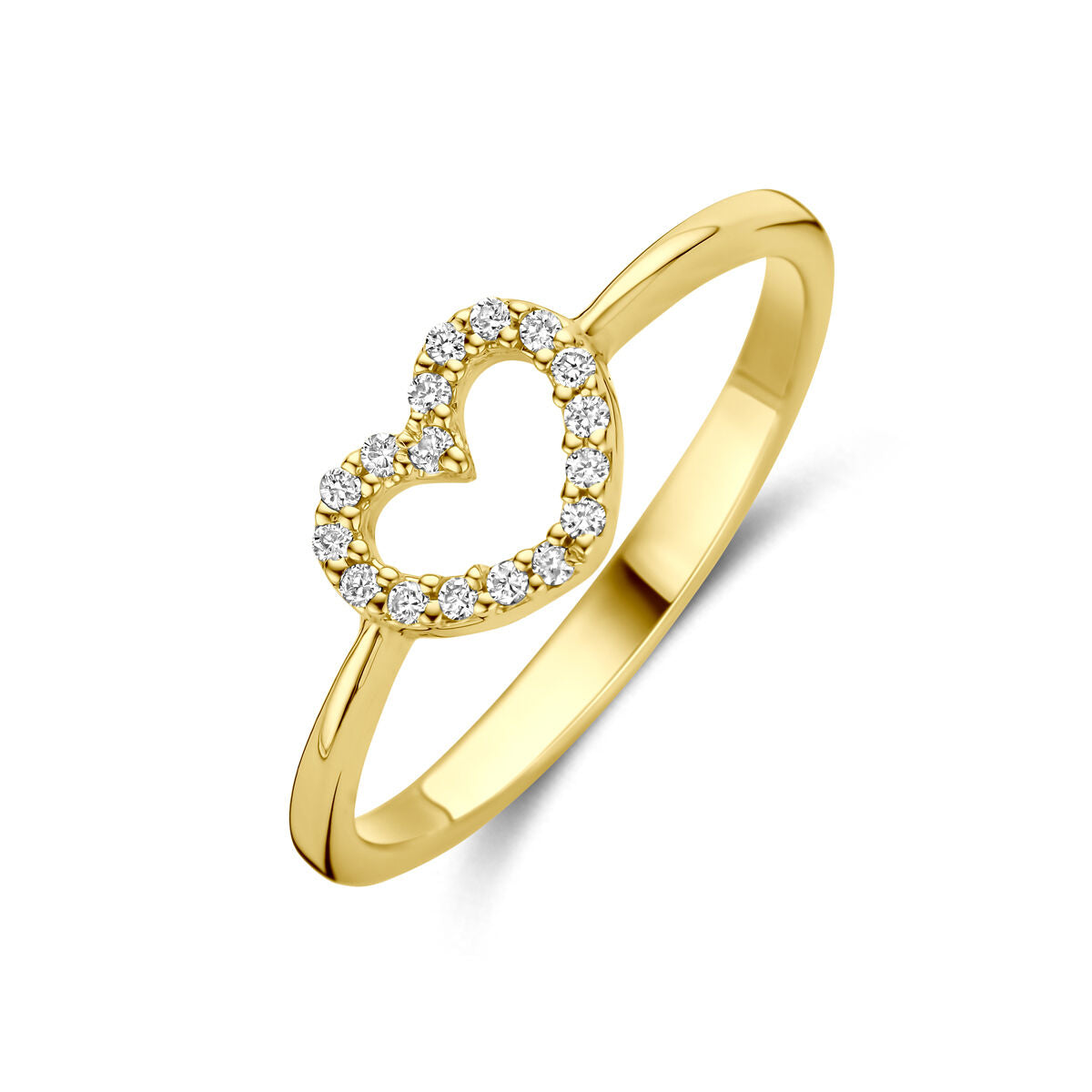 Anello in oro giallo 14k con cuore e diamante lab-grown, decorato con pietre brillanti.
