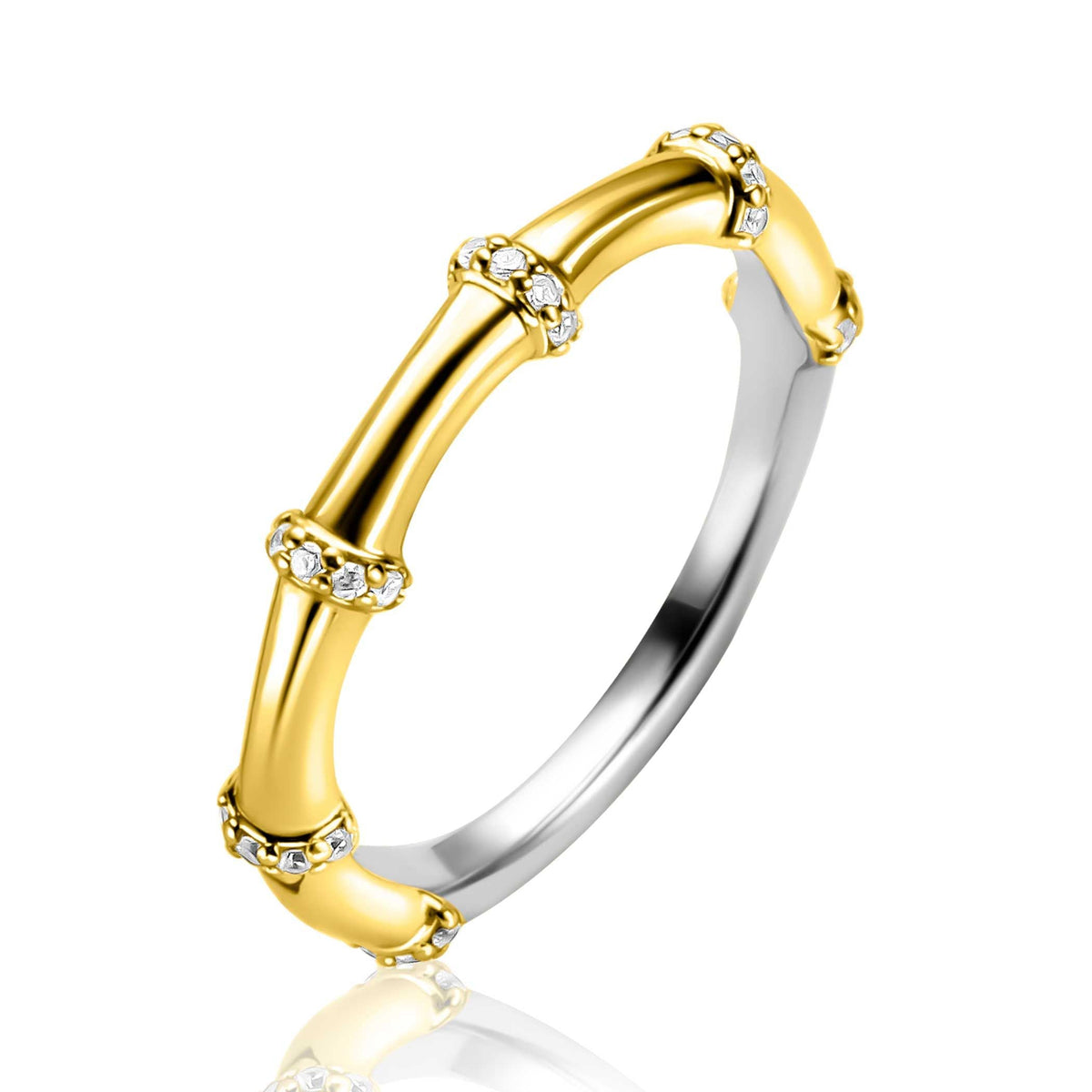 Anello in argento con dettagli dorati e zirconi, design a forma di bambù.