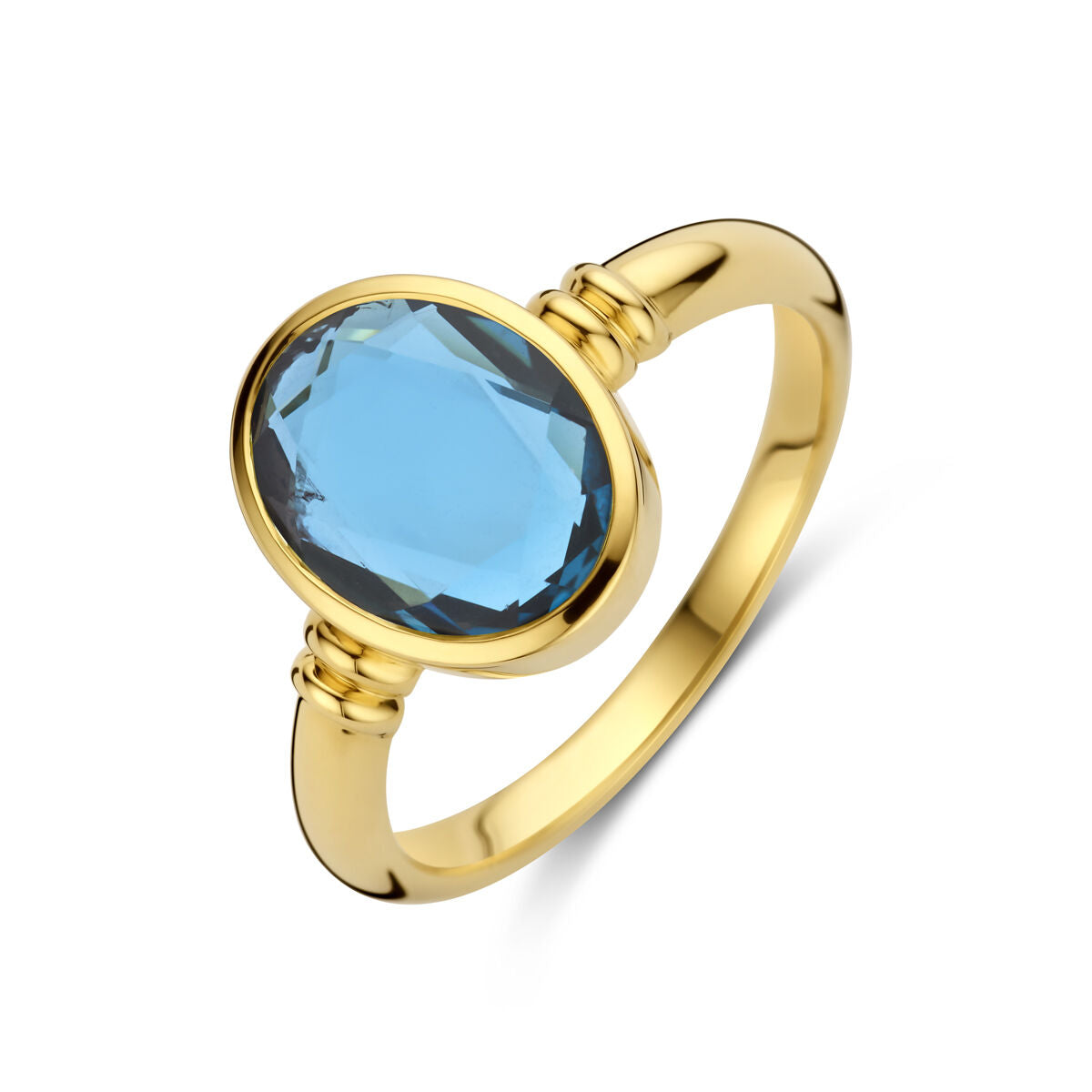 anello in oro giallo 14K con topazio blu di Londra ovale