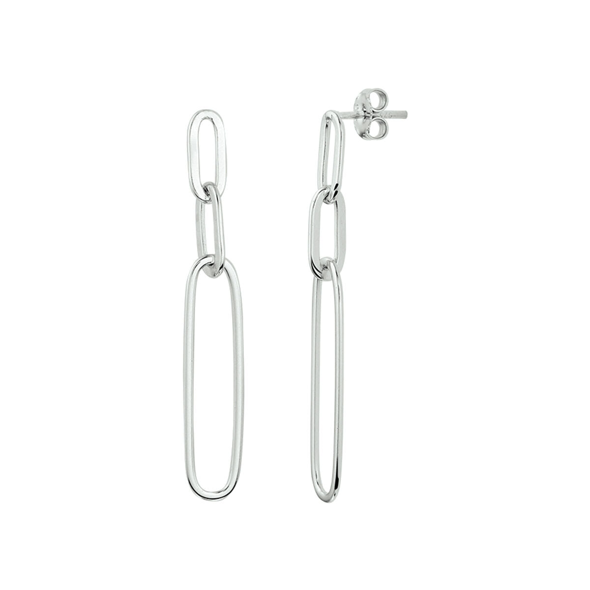 Orecchini pendenti a catena in argento rodiato, con forma di clip di carta.
