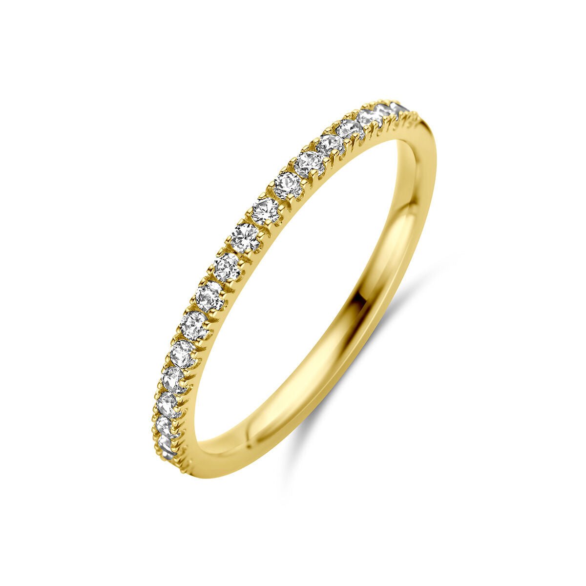 Anello in oro giallo 14K con zircone trasparente, design sottile e dettagli scintillanti.