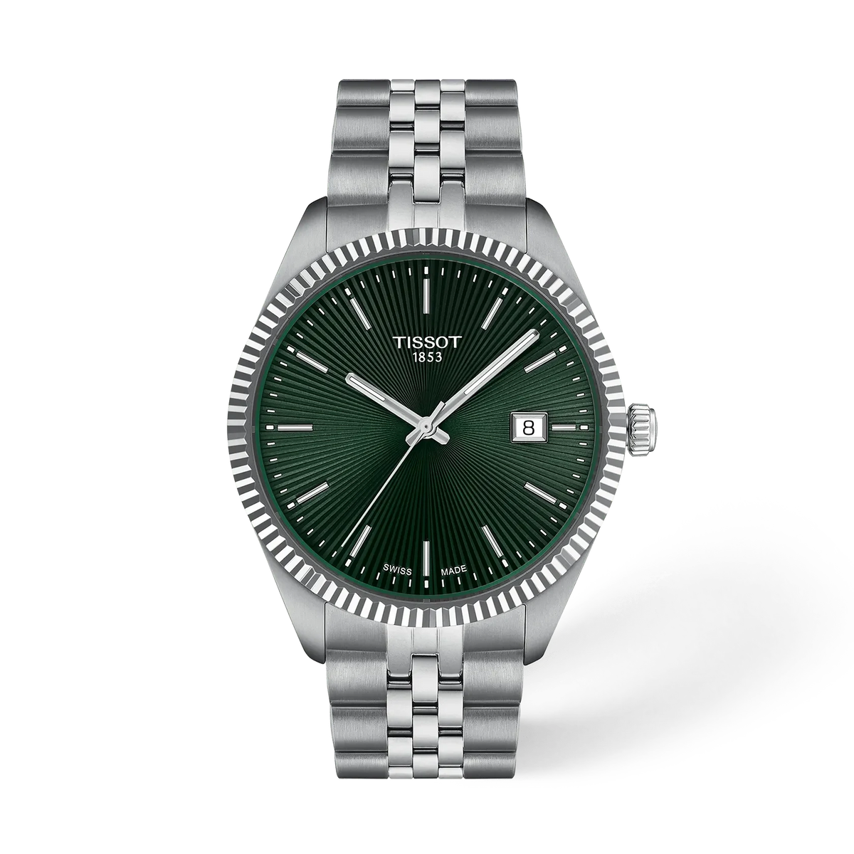 Orologio Tissot con cassa in acciaio inox, quadrante verde e bracciale a maglia rolò.