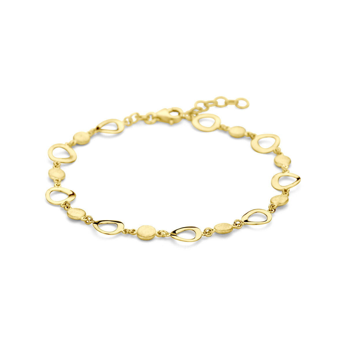 Bracciale in oro giallo 14K con finitura lucida e opaca, composto da elementi ovali e rotondi.