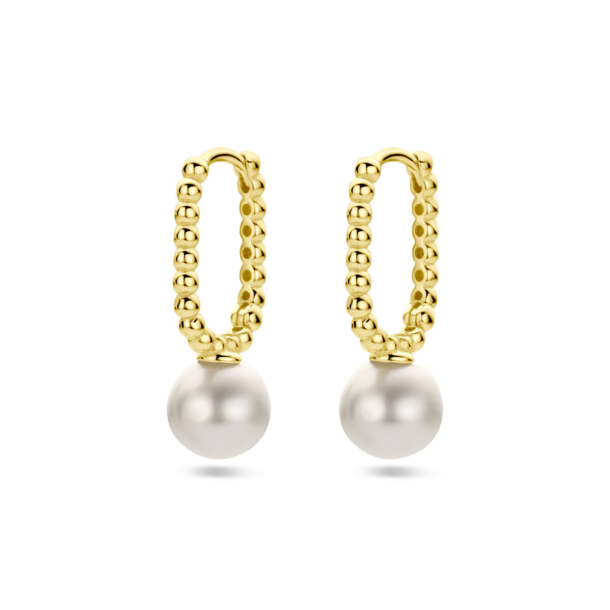 Orecchini alla creola in argento dorato con perla sintetica bianca.