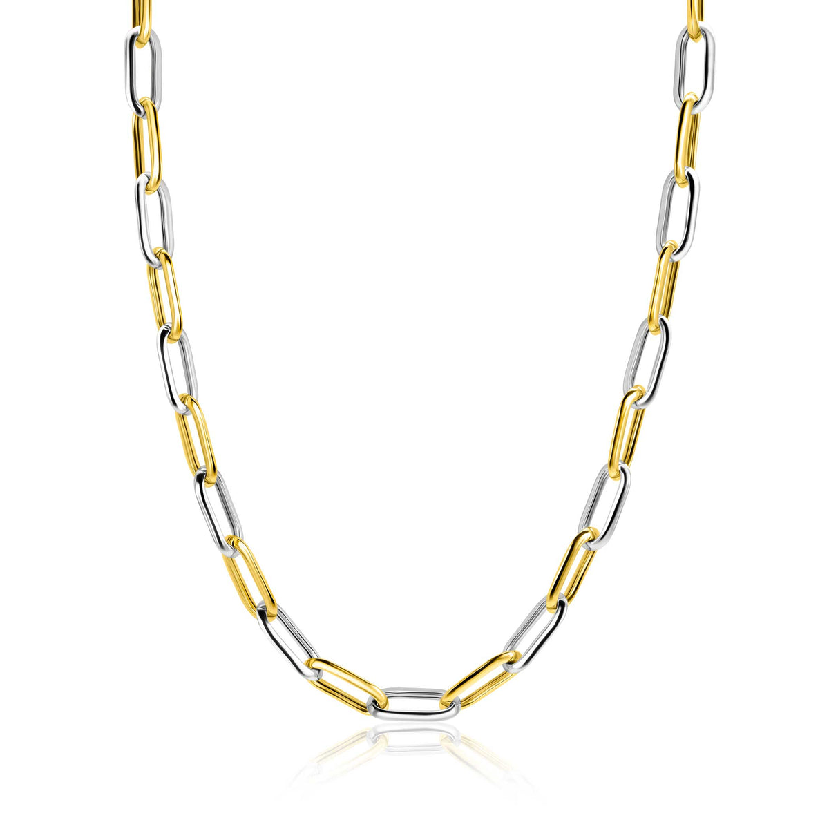 Collana bizantina in acciaio con maglie dorate e argentate, lunghezza 45 cm.