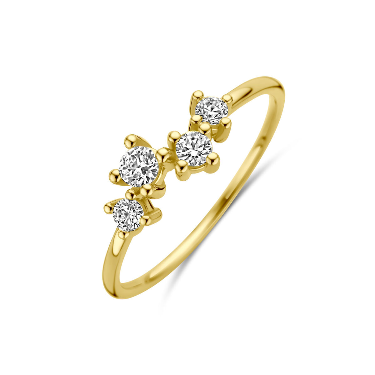 Anello in oro giallo 14K con tre zirconi brillanti.
