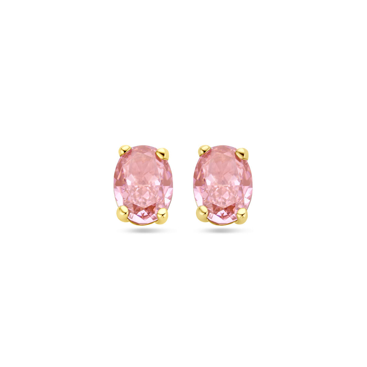 Oorknoppen van 14K geelgoud met ovalen padparadscha zirkonia in een vier-pootzetting.