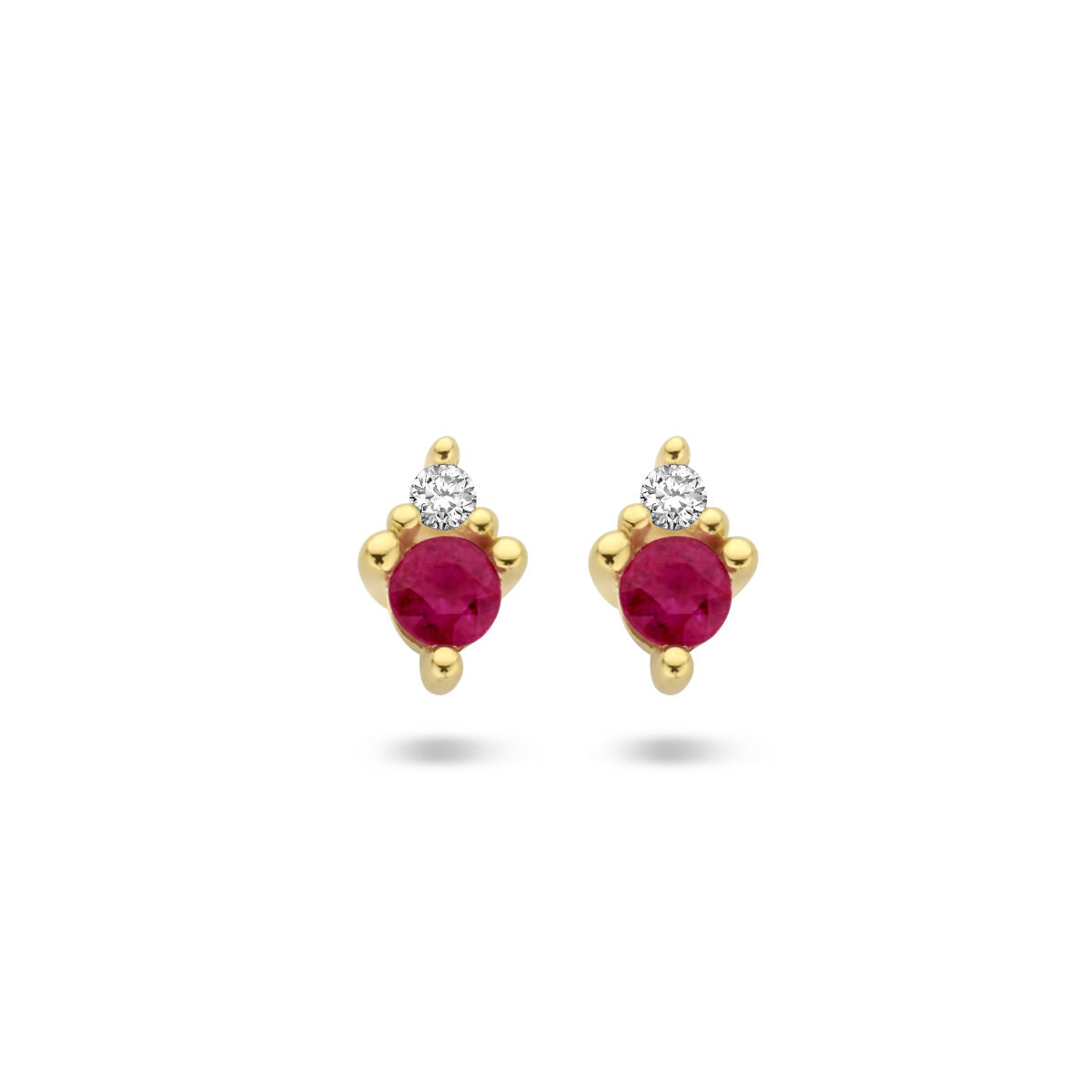 Orecchini in oro giallo 14K con rubini e diamanti da 0,02 ct (2x 0,01 ct).