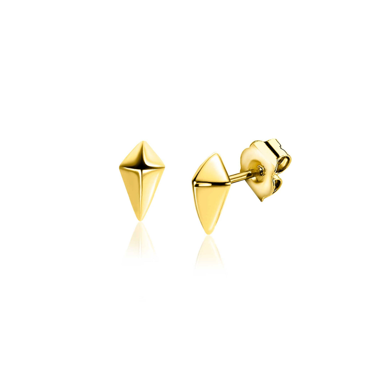 Gouden, geometrische oorbellen met een scherpe, puntige vorm en een glanzende afwerking.
