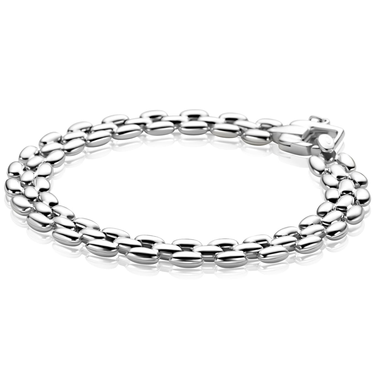 Bracciale in argento con maglie ovali lucide e chiusura a moschettone.