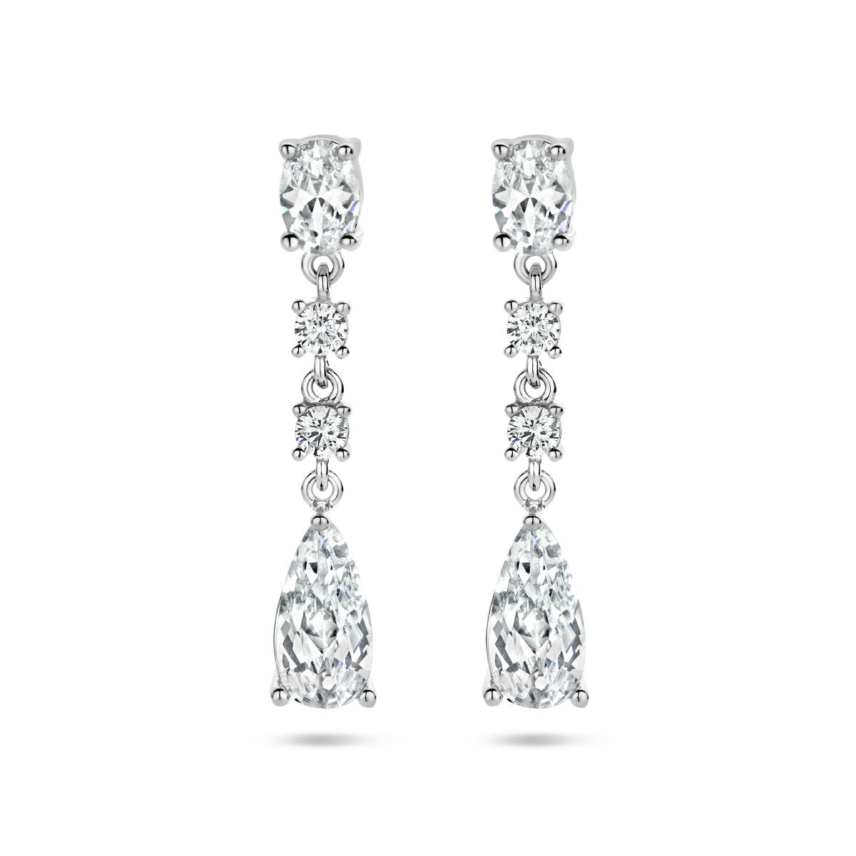 Orecchini pendenti in argento rodiato con zirconi, forma a goccia e brillante.