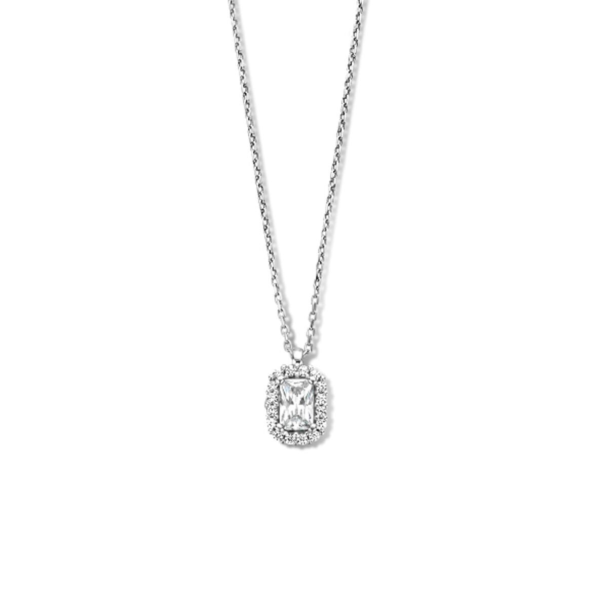 Collana in argento rodiato con ciondolo a forma rettangolare incastonato di zirconi.