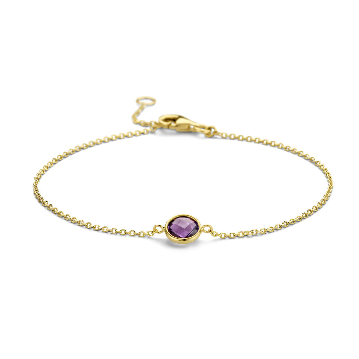 Bracciale in oro giallo 14K con ametista centrale, lunghezza regolabile da 16,5 a 19 cm.
