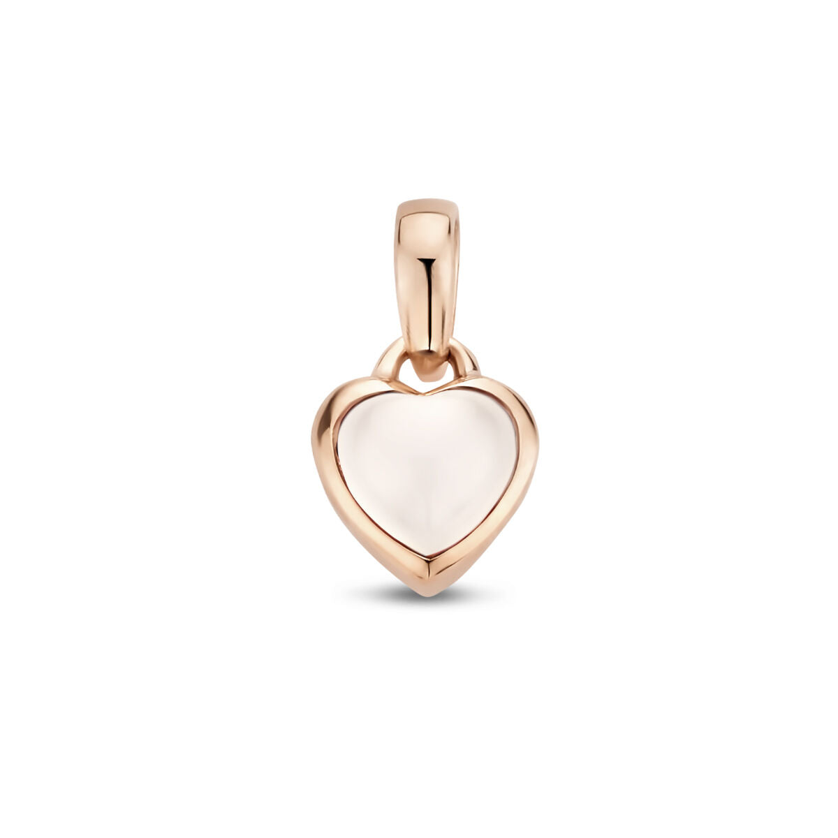 De hanger hart maansteen 14K roségoud van de Van der Kooij Collectie toont een blije, doorschijnende maansteen in een hartvormig ontwerp op een effen witte achtergrond.