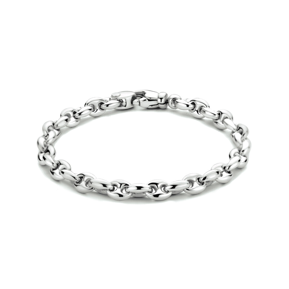 Bracciale in argento rodiato con maglie a forma di chicco di caffè, 19 cm di lunghezza.