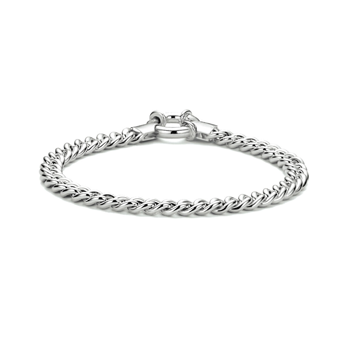 Zilveren gerhodineerde gourmette armband van 5,8 mm breed en 19 cm lang met groot springslot.