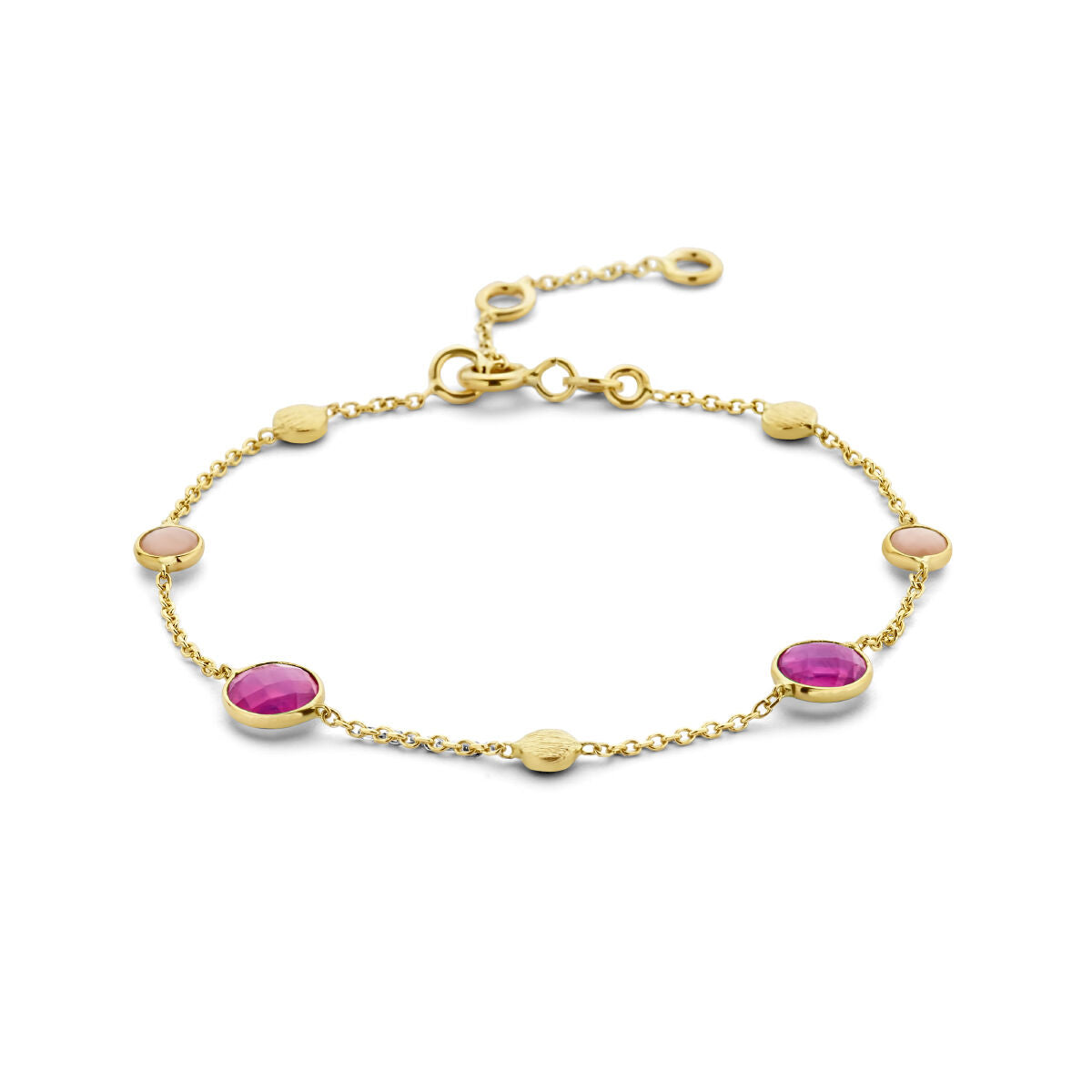 Bracciale in oro 14K con rubini e opali, decorato con rondelle dorate.
