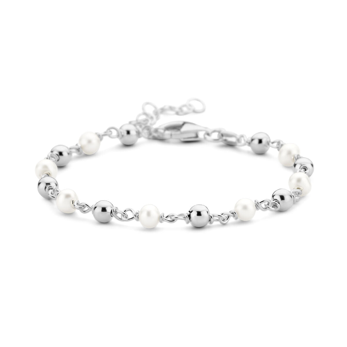 Bracciale in argento rodiato con perle e sfere lucide, lunghezza 16 + 3 cm.