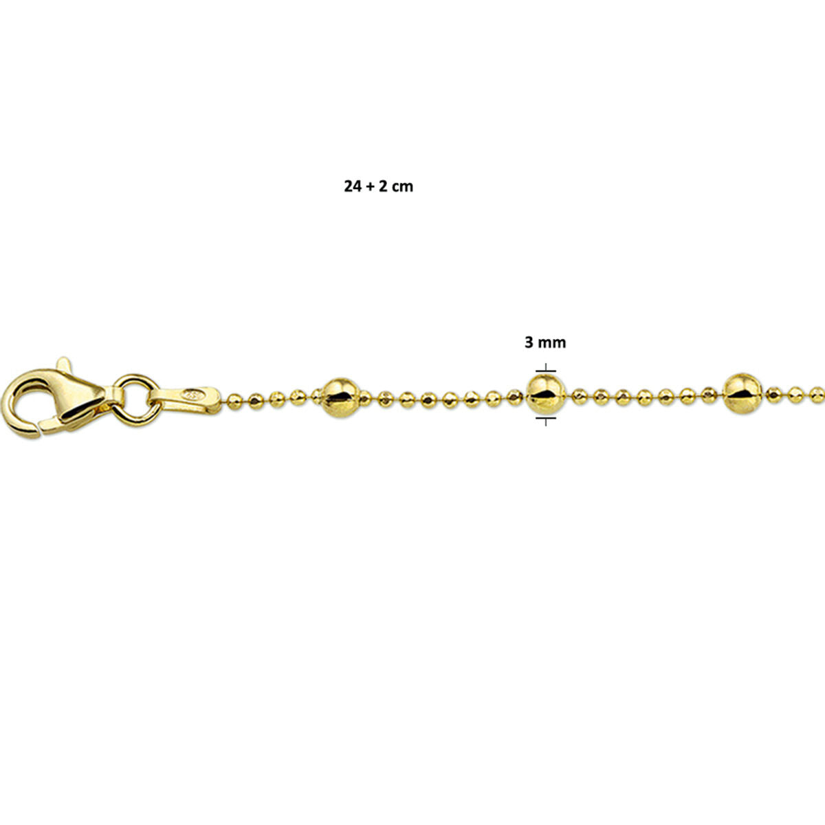 cavigliera sferette 24 + 2 cm 3 micron argento dorato (giallo)