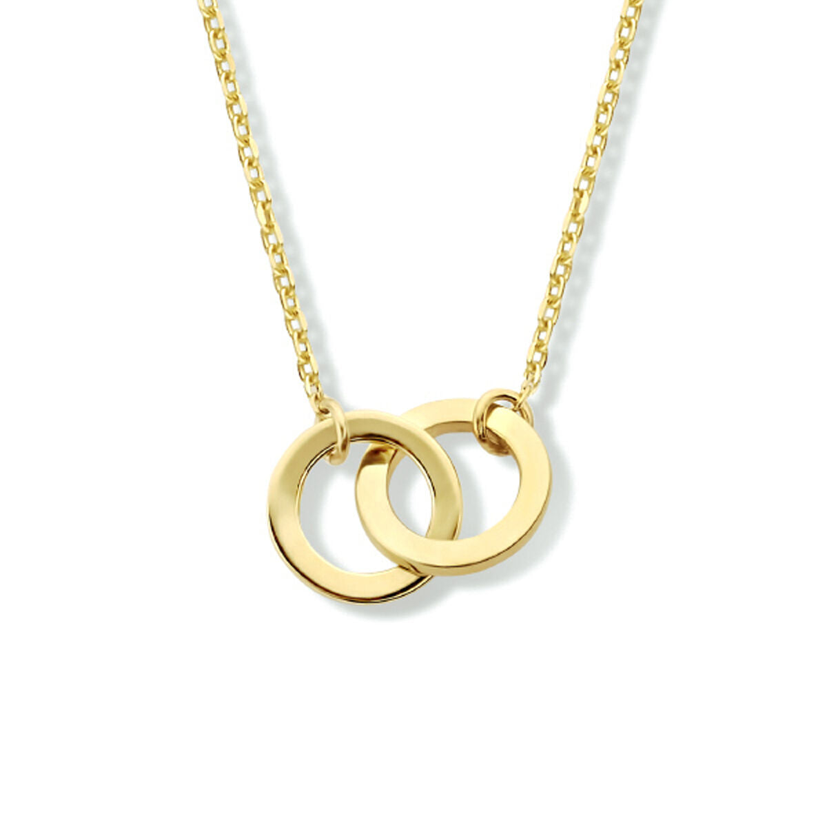 Collana in oro giallo 14K con due cerchi intrecciati, lunghezza 40-42-44 cm.