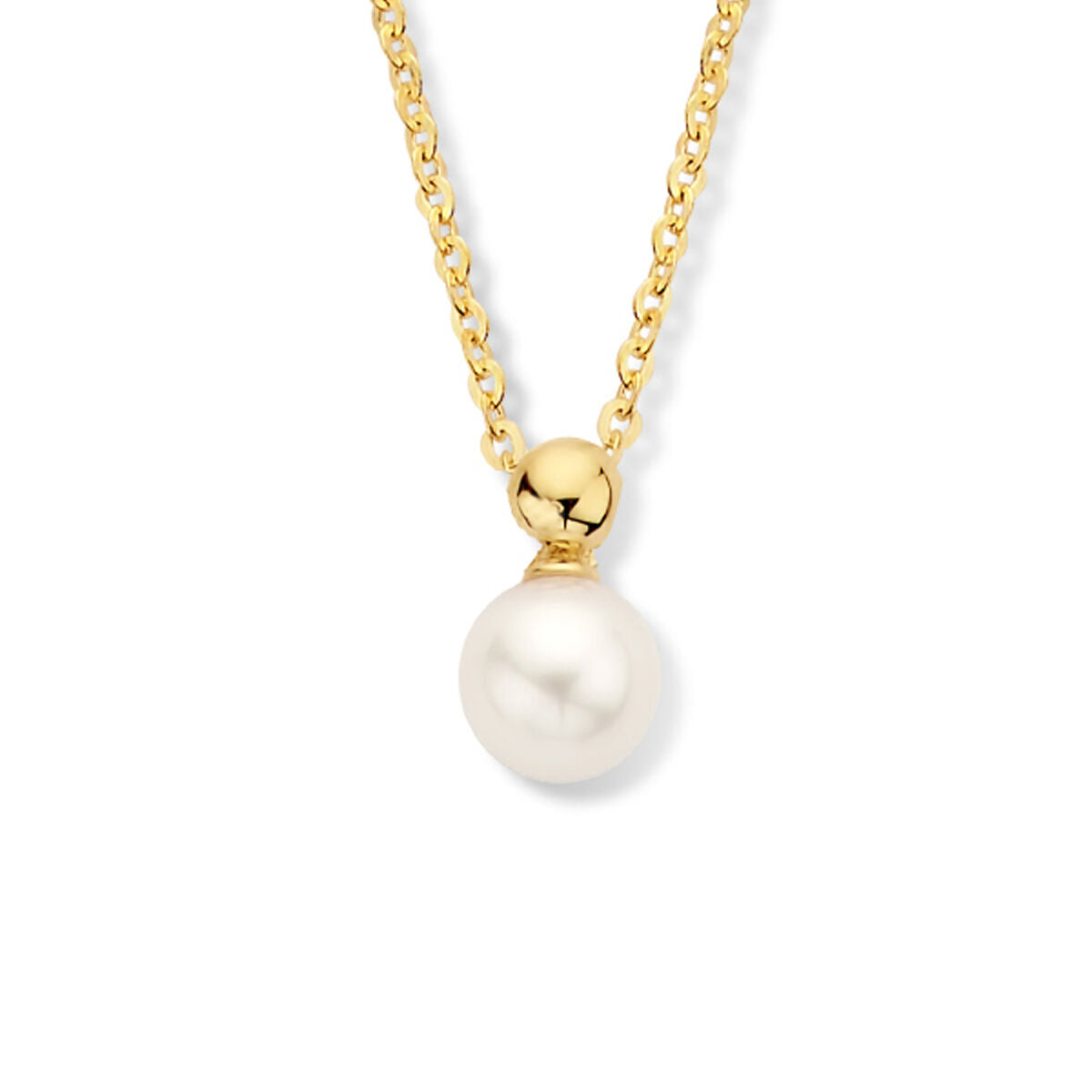 Collana in oro giallo 14K con una perla bianca pendente.