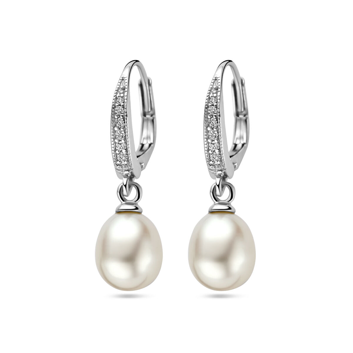 Orecchini pendenti in argento rodiato con perla e zirconi.