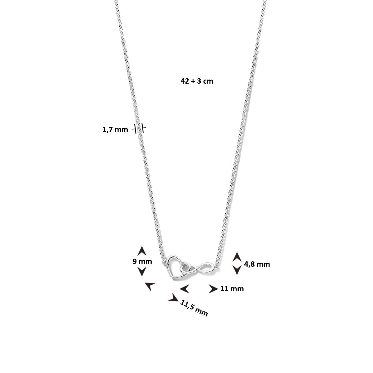 collana cuore e infinity 42 + 3 cm argento rodiato