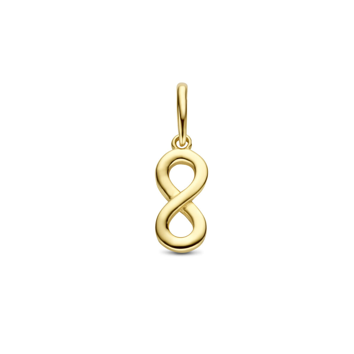 Ciondolo infinito in oro giallo 14K, con forma fluida e lucida.