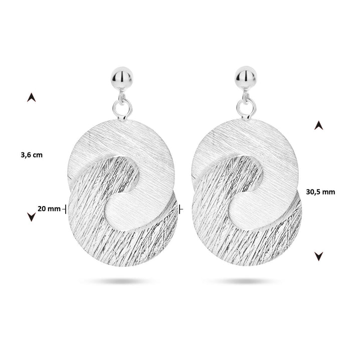 De Van der Kooij Collectie oorhangers gescratcht rondjes poli/mat zilver gerhodineerd zijn damesoorbellen van 925 zilver met getextureerde, in elkaar grijpende cirkels (hoogte 3,6 cm, breedte 30,5 mm), voor een tijdloze en elegante look.