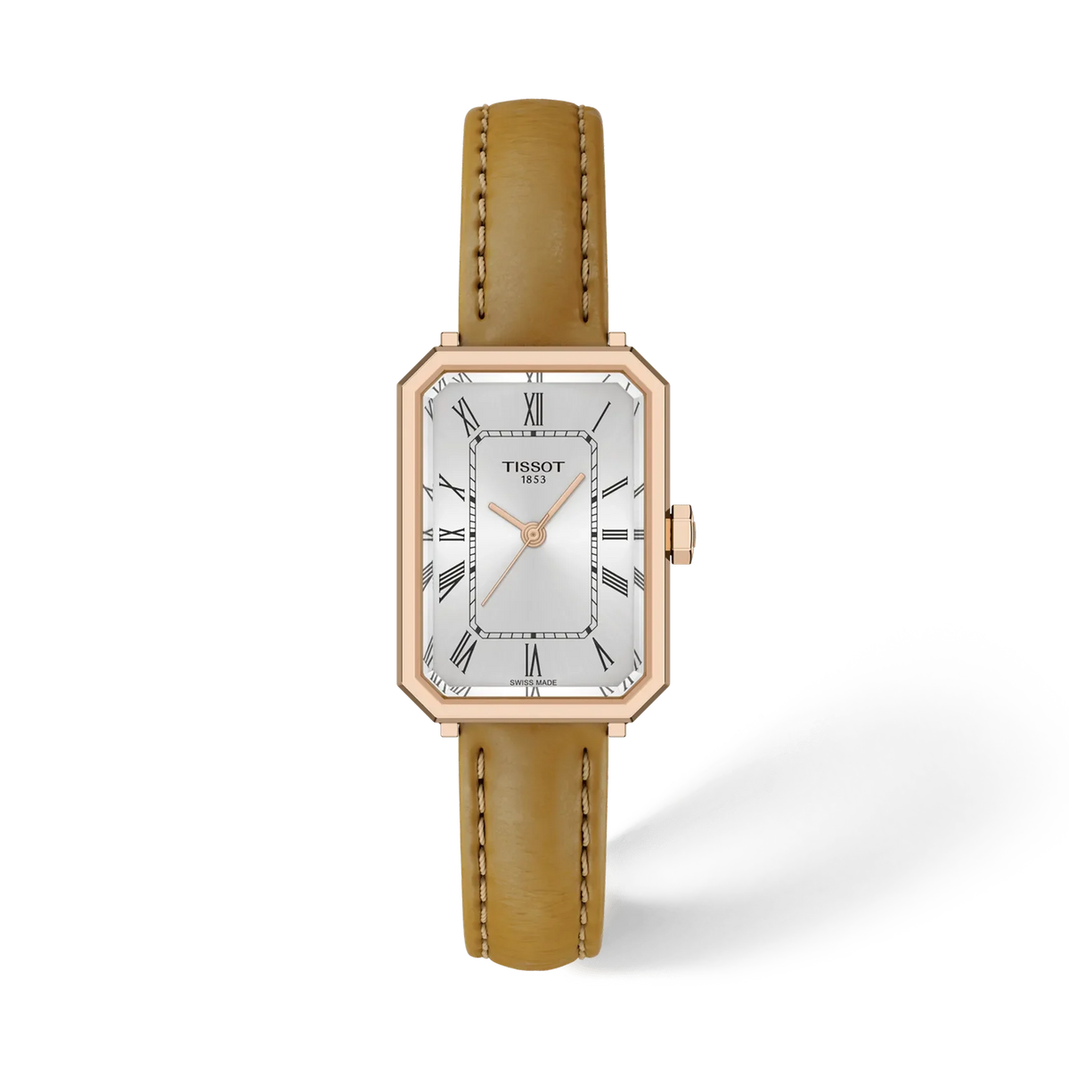 Orologio Tissot con cassa rettangolare dorata, quadrante argentato e cinturino in pelle marrone chiaro.