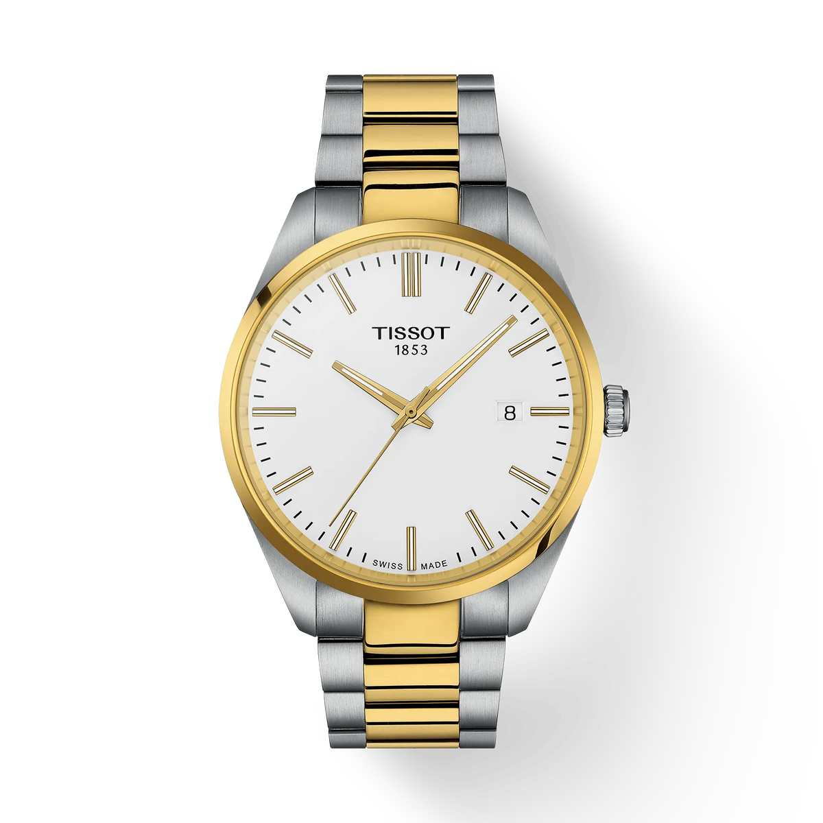 Orologio da uomo Tissot PR 100 con cassa argentata e dorata, quadrante bianco e bracciale in acciaio inox.
