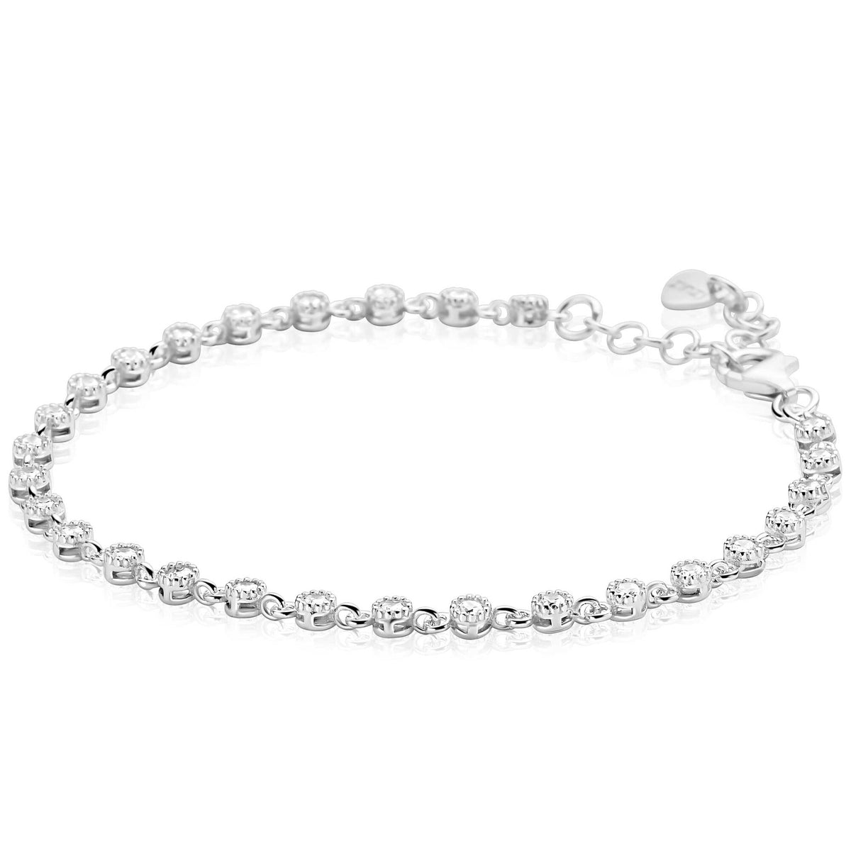 Bracciale argento con una fila giocosa di zirconi bianchi in incastonatura rotonda.