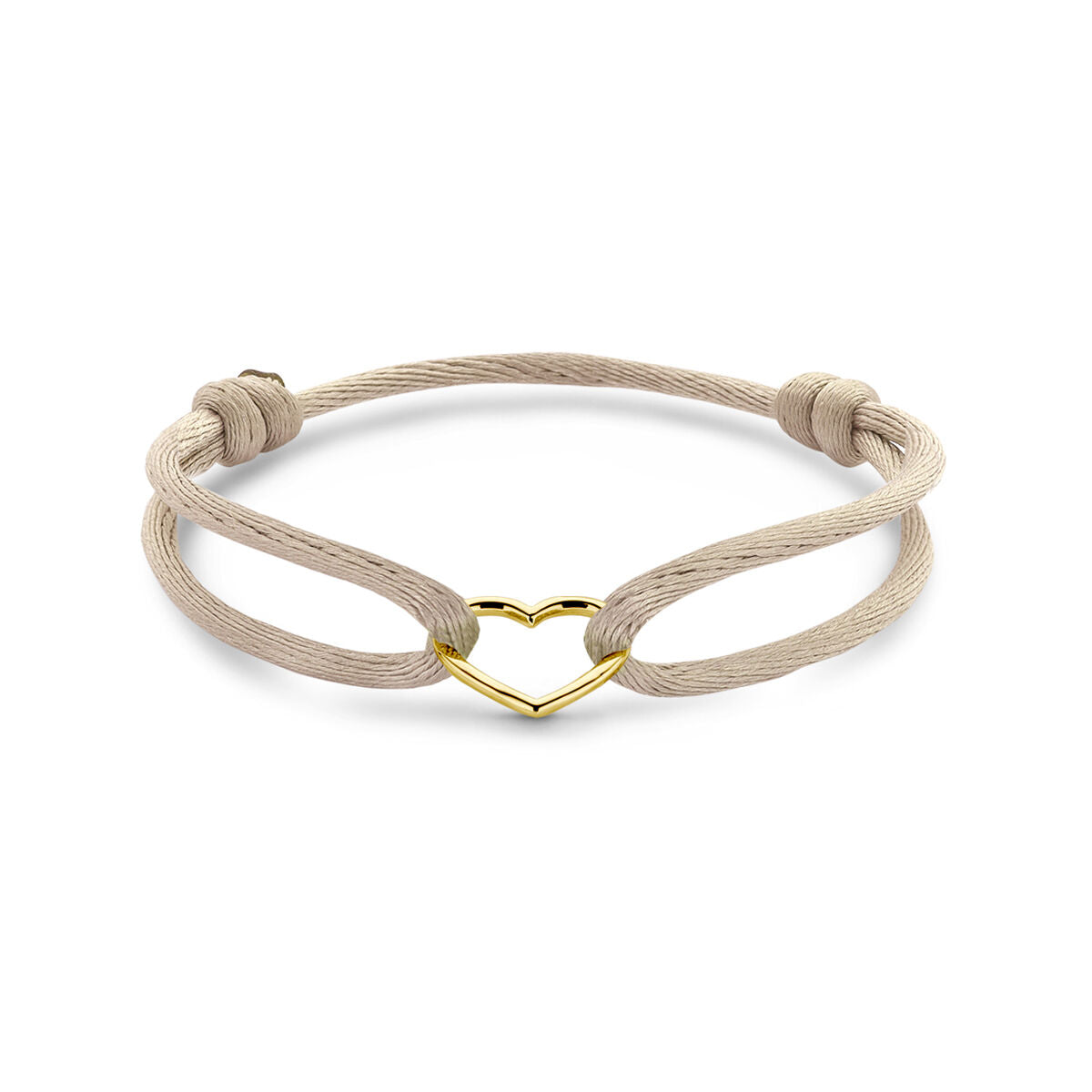 Bracciale in satin beige con cuore in oro 14K e dettagli in nylon.