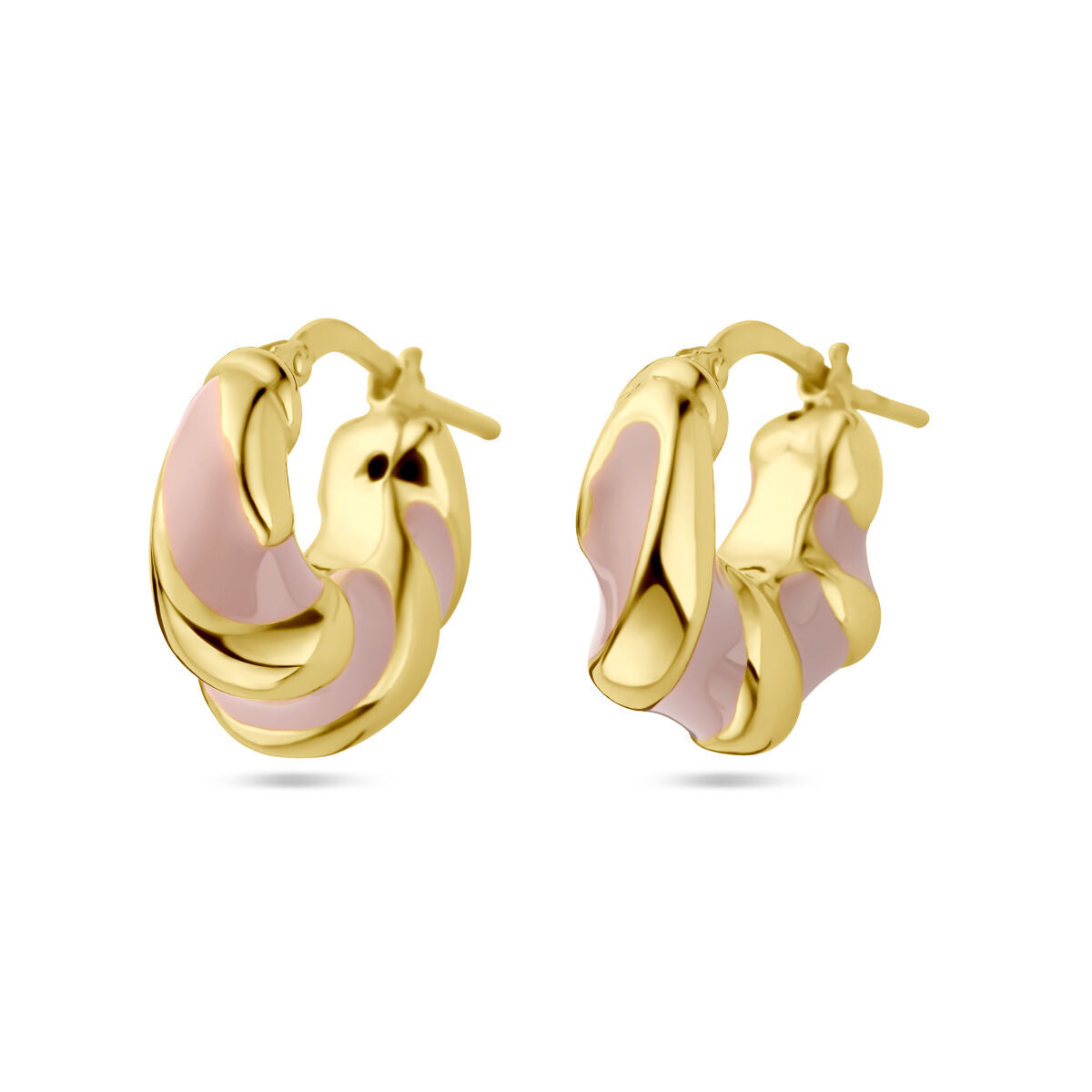 Orecchini alla creola in argento dorato con smalto rosa, design ondulato.