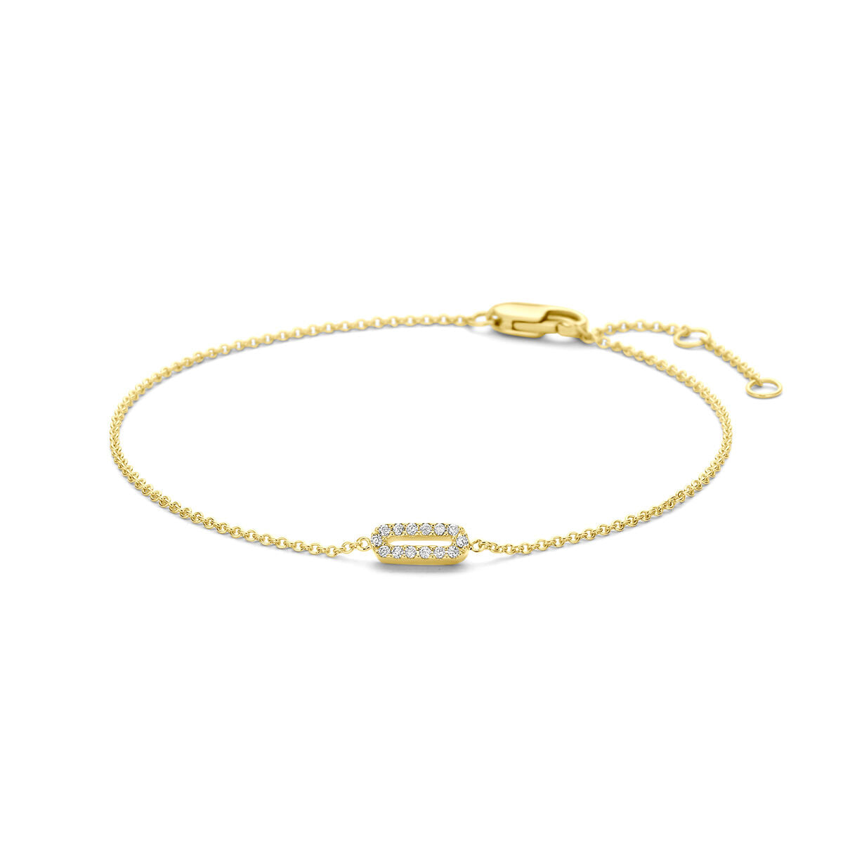 Bracciale in oro giallo 14k con diamanti, design sottile e dettagli brillanti.