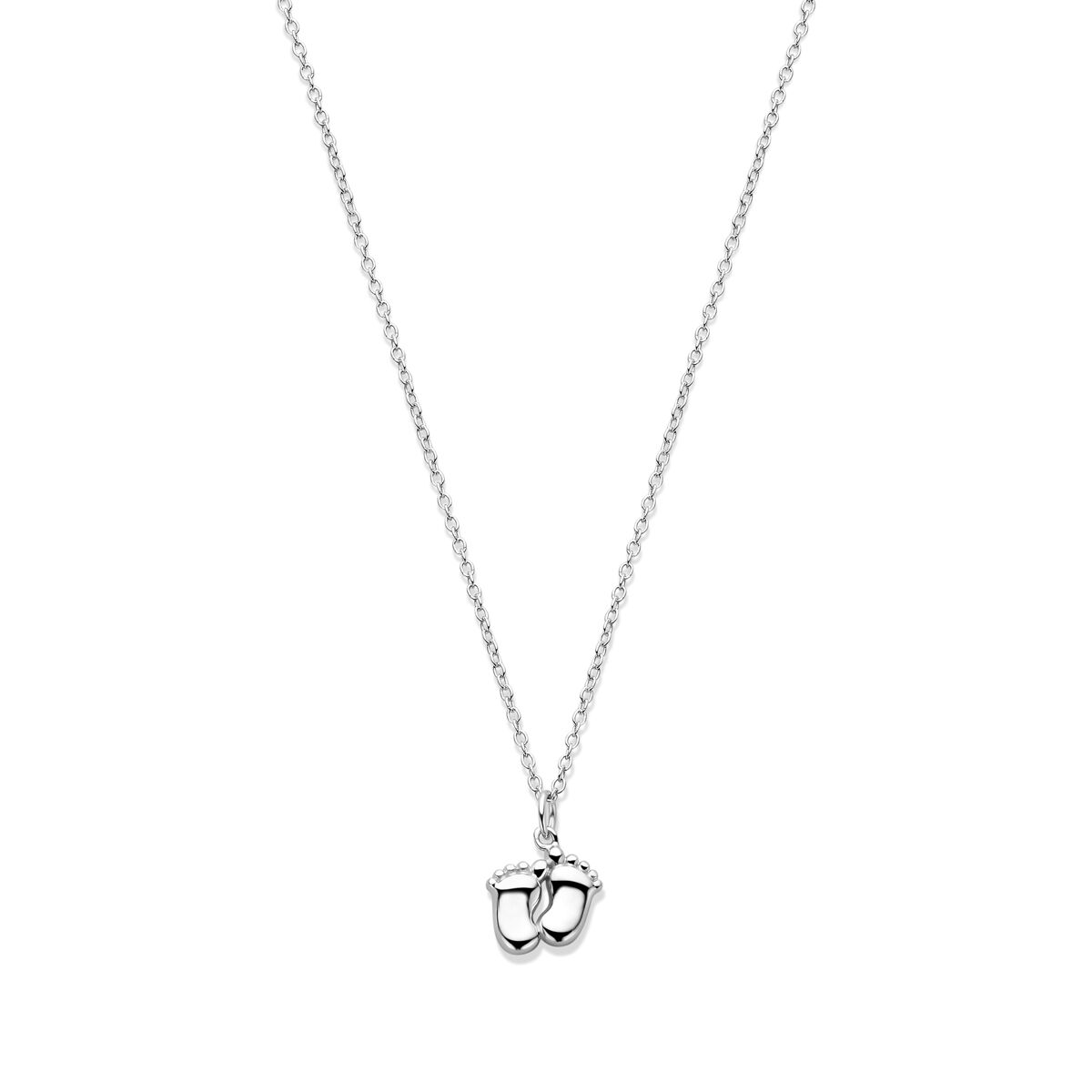 Collana con pendente a forma di piedini di bambino, in argento rodiato, lunghezza 41-43-45 cm.