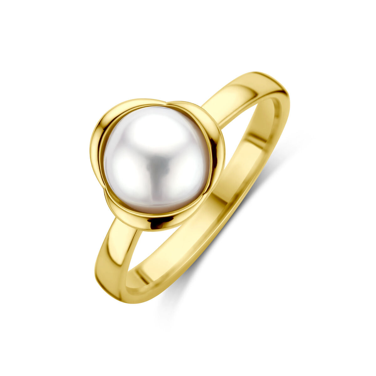Anello in oro giallo 14K con una perla centrale di forma rotonda.