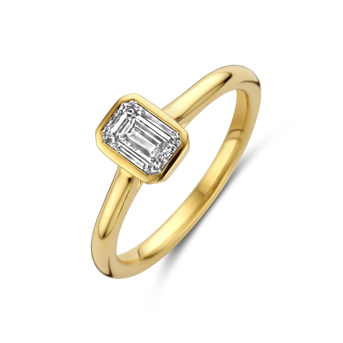 Anello in oro giallo 14K con diamante lab-grown di 1.0ct, taglio rettangolare.