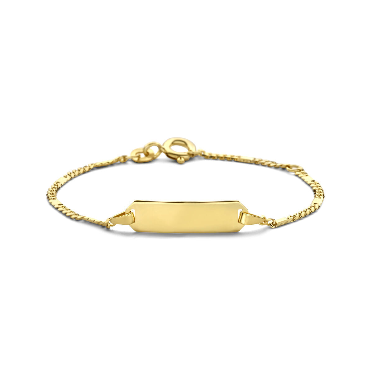 Bracciale in oro giallo 14K con placca rettangolare da incidere, finitura lucida.
