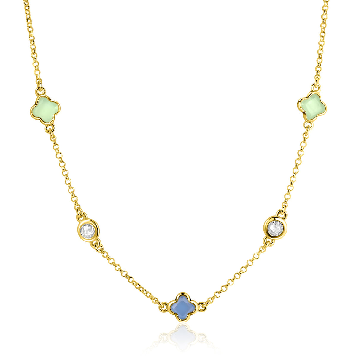 Collana placcata oro con pendenti quadrati in diverse tonalità e pietre colorate.