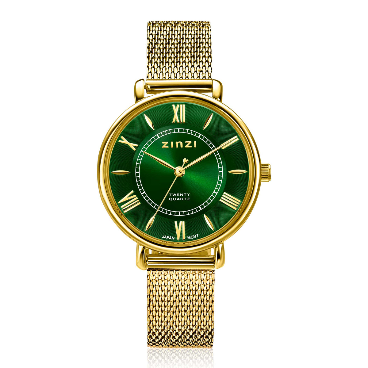Orologio dorato con quadrante verde e cinturino in maglia rolò.