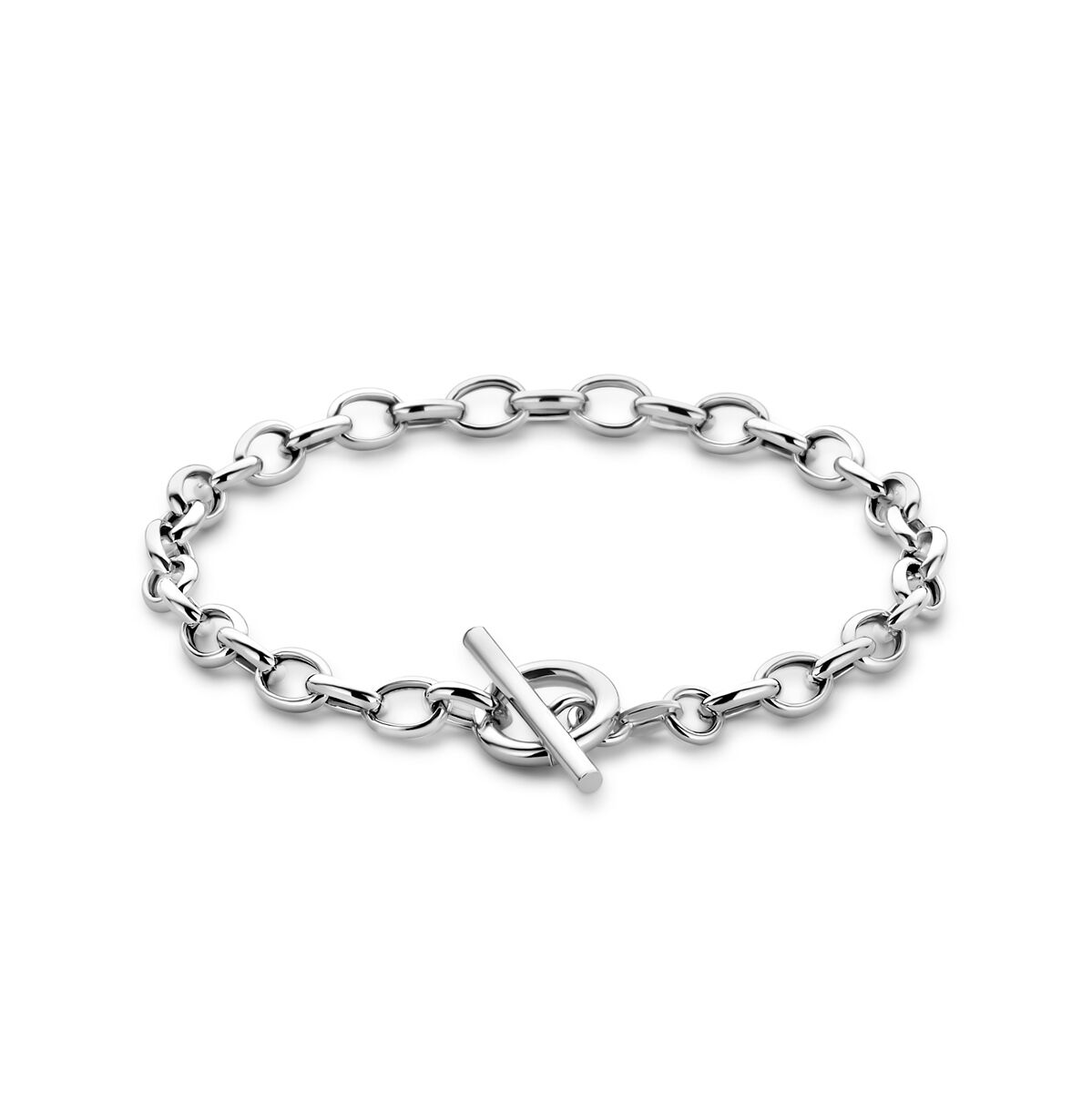 Bracciale in argento rodiato con maglie rotonde e chiusura a cappio, larghezza 5 mm.