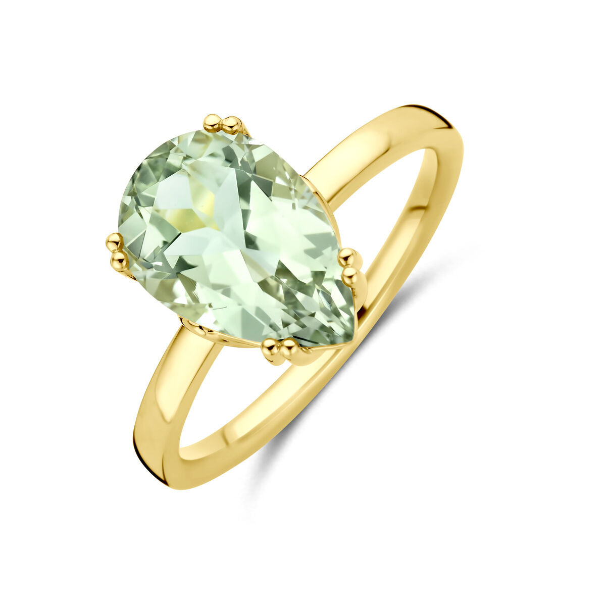 anello in oro giallo 14K con ametista verde a forma di pera