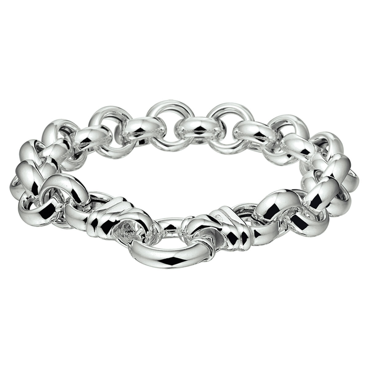Bracciale in maglia rolò argentata di 11 mm con grande chiusura a molla.