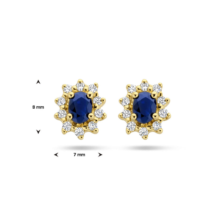 oorknoppen saffier en zirkonia halo 14K geelgoud
